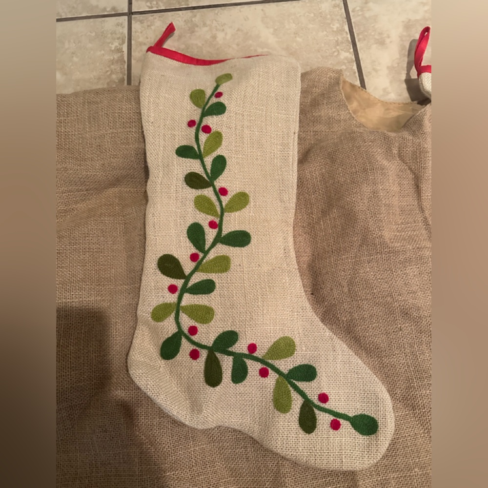 Burlap tree skirt and stockings.